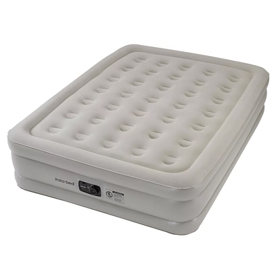 INSTABED<sup>&reg;</sup> 18" Queen Airbed with Internal AC Pump - Inflation and deflation comes easy to the Insta-Bed 18" Airbed. This suede-topped PVC mattress features a built-in pump so the vital accessory is never misplaced and you spend more time catching a restful night's sleep and less time fussing over the setup.  Conveniently packaged in a lightweight carry bag so you can effortlessly take your airbed on your travels.